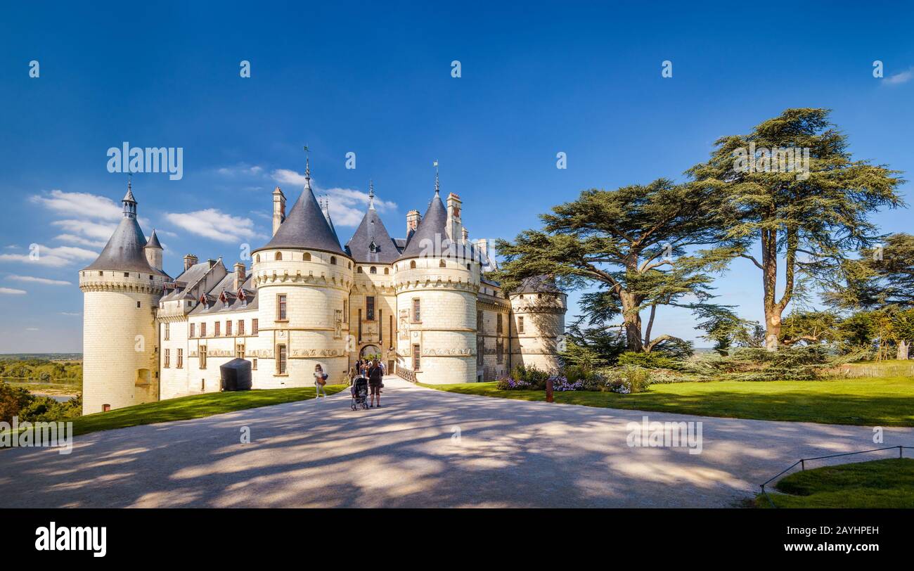 Panoramic view of Chateau de Chaumont-sur-Loire, France. This famous castle is located in the Loire Valley, was founded in the 10th century and was re Stock Photo