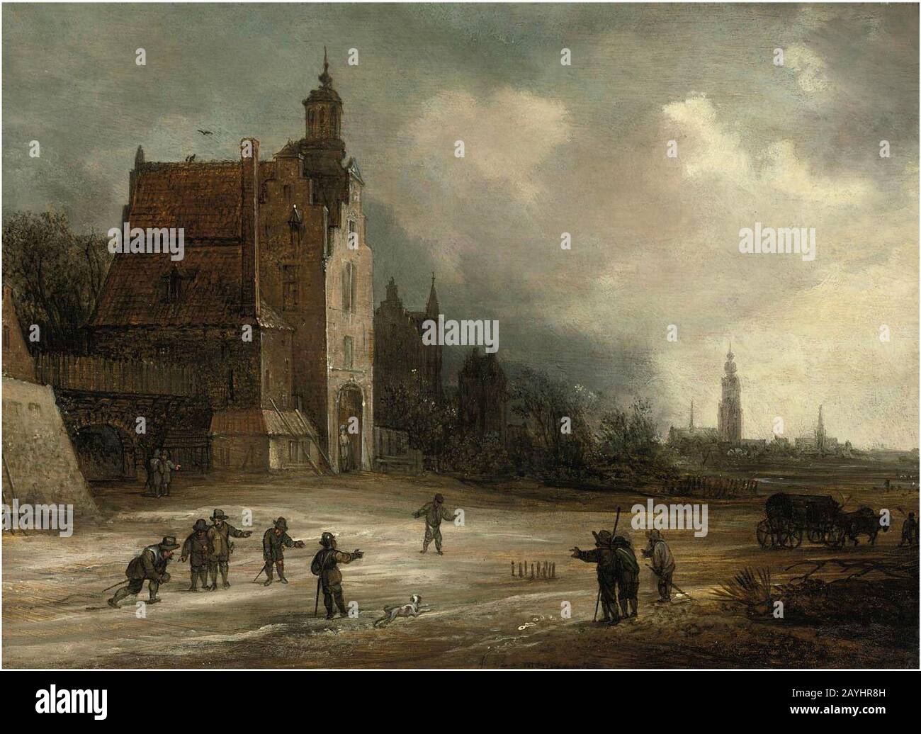 Frans de Momper - Soldiers playing skittles on a road by a manor house, a view of Breda beyond. Stock Photo
