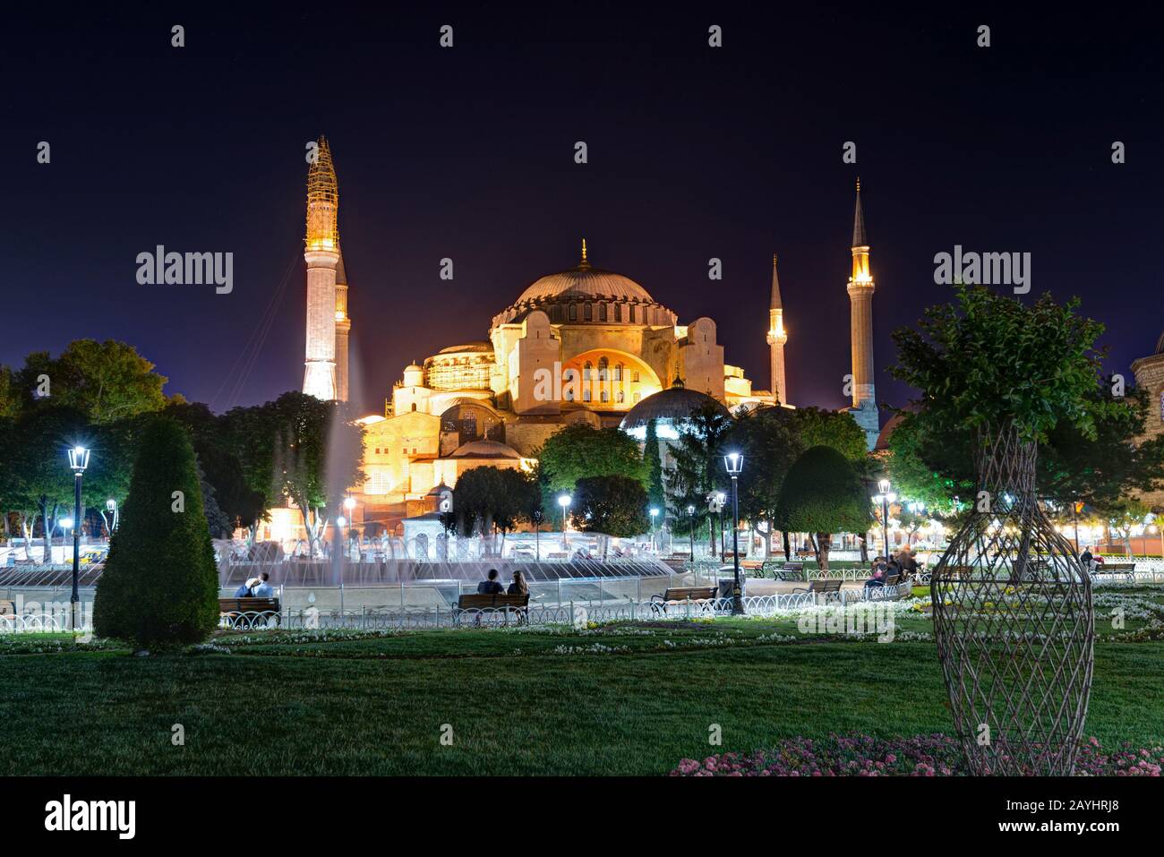 View of the Hagia Sophia at night in Istanbul, Turkey. Hagia Sophia is the greatest monument of Byzantine Culture. Stock Photo