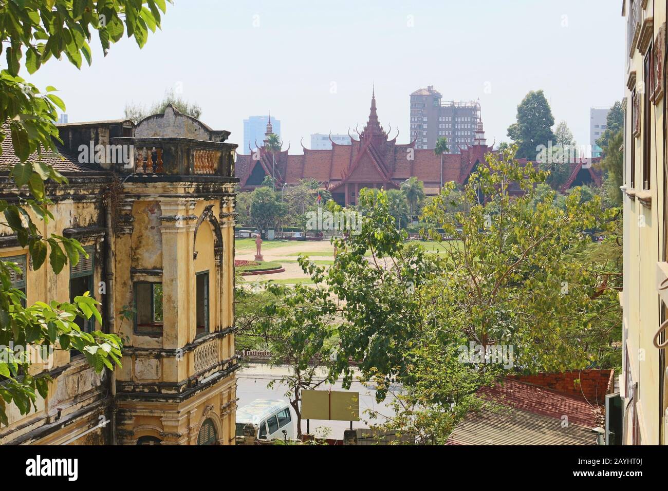 Scenic view on nostalgic Mansion Heritage Bar and National Museum of Cambodia in Phnom Penh. Photo taken from FCC restaurant. Stock Photo