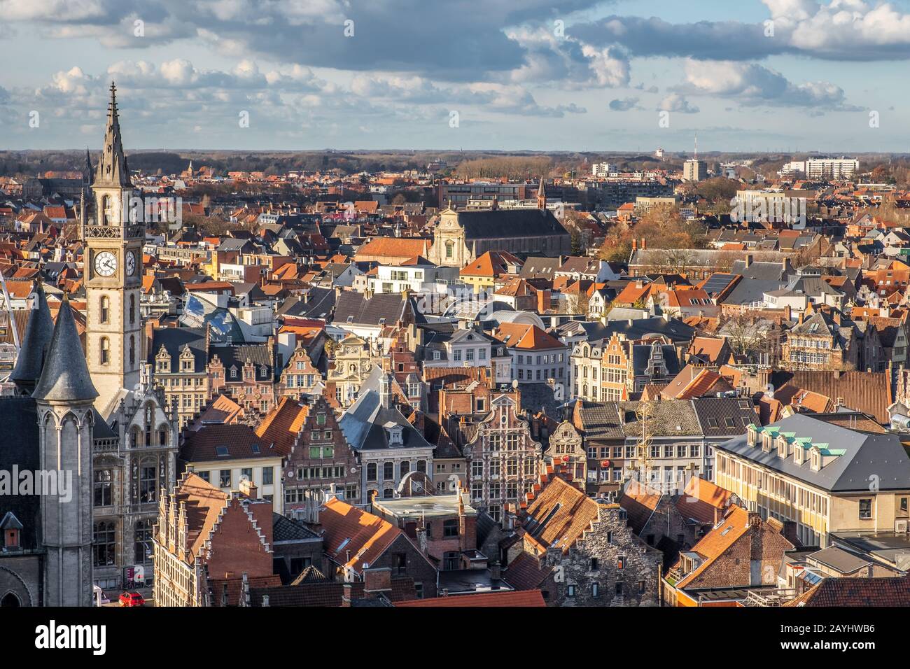 A view of Ghent from Het Belfort van Gent bell tower on a sunny day in Belgium Stock Photo