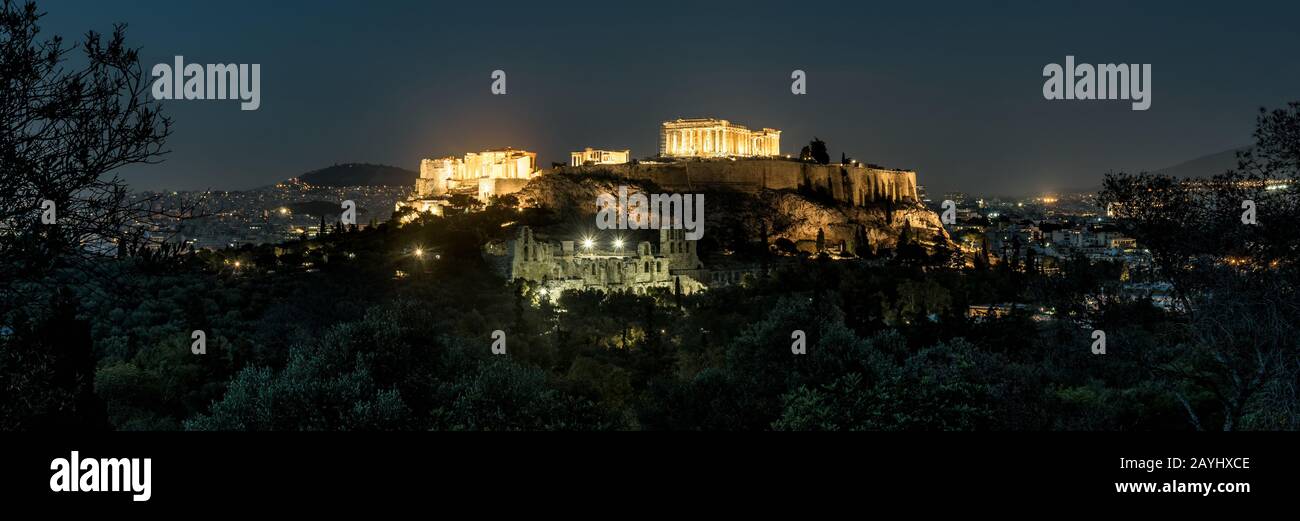 Panoramic View Of Athens With Acropolis Hill At Night Greece Famous 