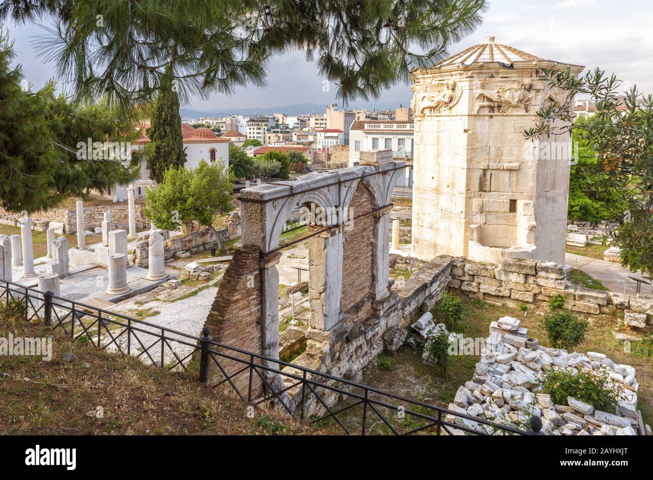Scenic view of Roman Agora with Tower of Winds or Aerides, Athens, Greece. It is one of the main landmarks of Athens. Scenery of Ancient Greek ruins i Stock Photo