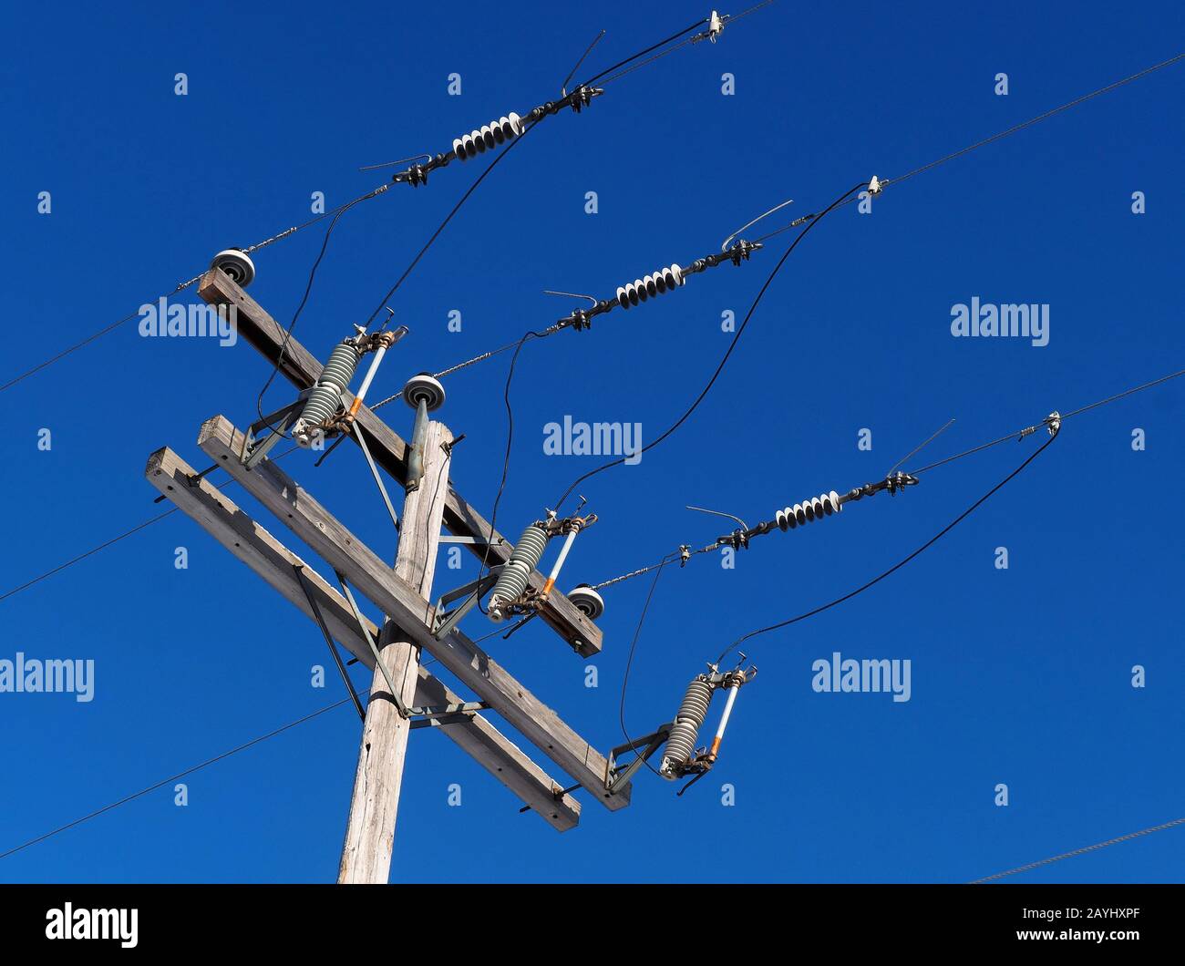 Quebec,Canada. High voltage power lines with circuit breakers Stock Photo