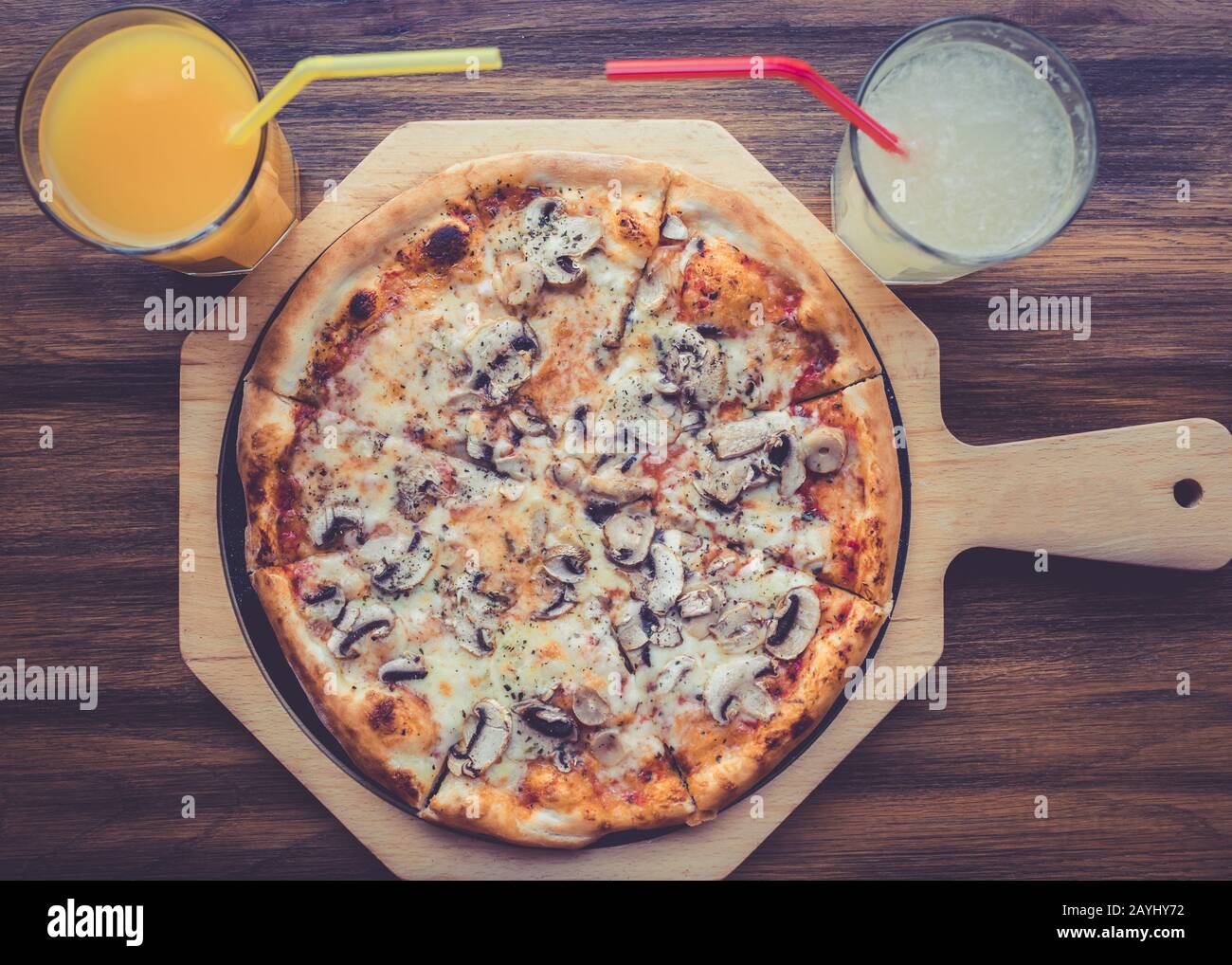 Tasty pizza on table. Italian food concept. Stock Photo