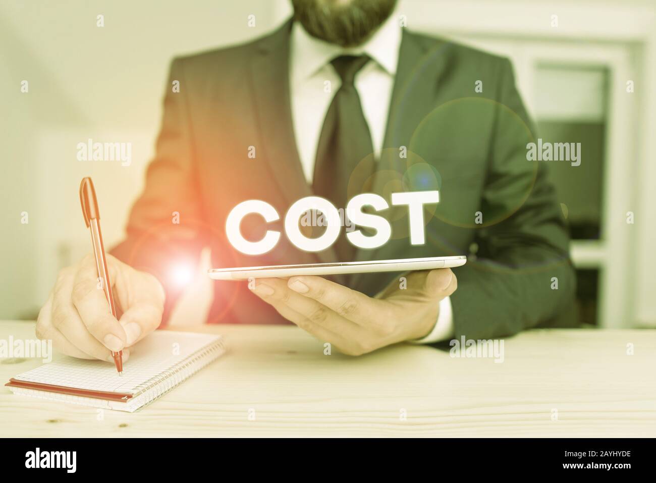 Word writing text Cost. Business photo showcasing The amount that usualy paid for a item you buy or hiring a demonstrating Male human wear formal clot Stock Photo