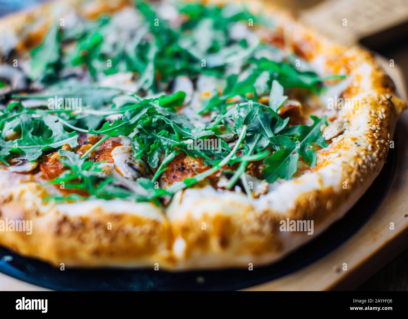 Tasty pizza on table. Italian food concept. Stock Photo