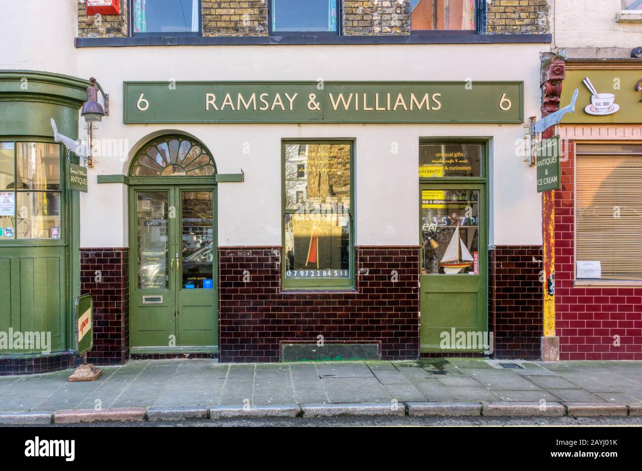 Ramsay & Williams offbeat antiques and ice cream shop in Margate old town. Stock Photo