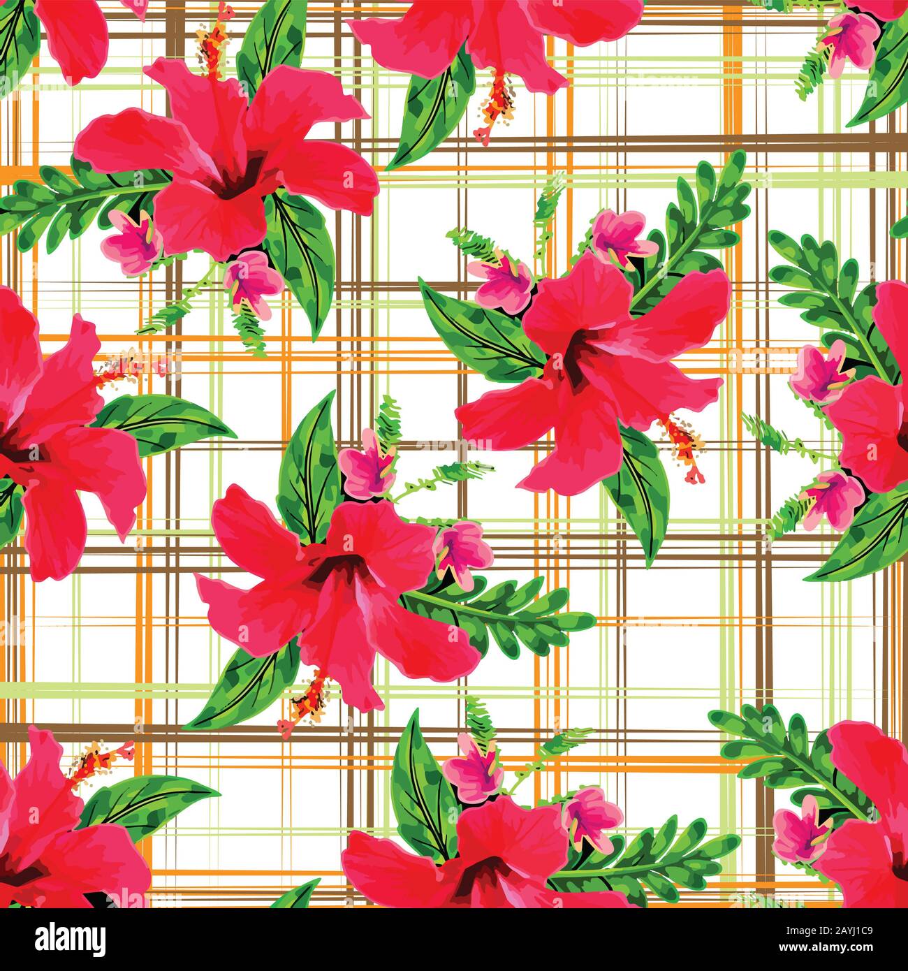 beautiful hibiscus flowers with leaves hand draw seamless pattern Stock ...