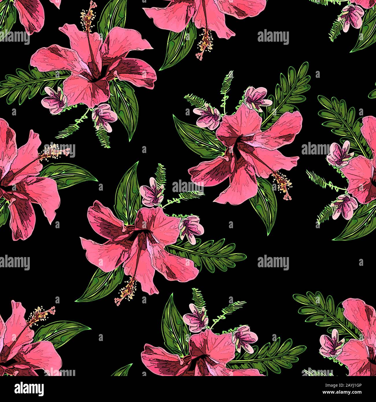 beautiful hibiscus flowers with leaves hand draw seamless pattern Stock ...