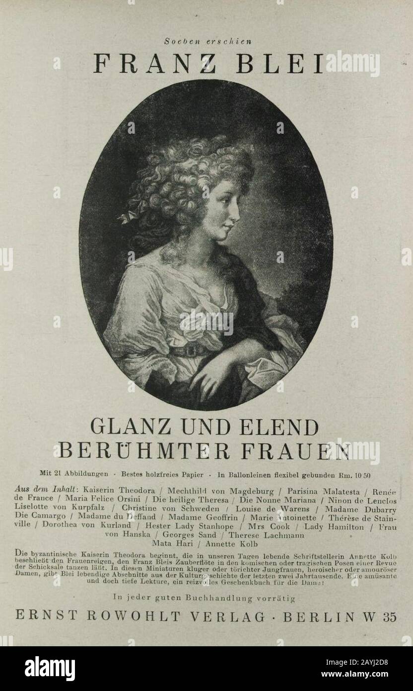 Franz Blei - Glanz und Elend berühmter Frauen, Rowohlt, 1927. Stock Photo