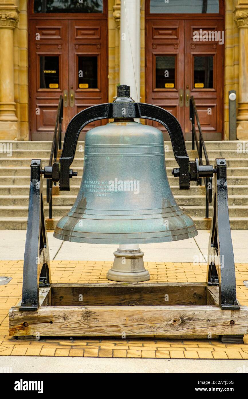 Bell from removed tower, Cambria County Courthouse, 200 South Center Street, Ebensburg, PA Stock Photo