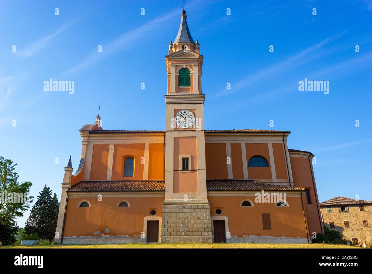 The church of St. Apollinar in Castello di Serravalle, Valsamoggia, Emilia Romagna, Italy, in a sunny day Stock Photo