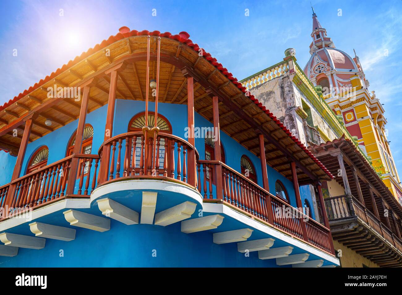 Famous colonial Cartagena Walled City (Cuidad Amurrallada) and its colorful buildings in historic city center, designated a UNESCO World Heritage Site Stock Photo