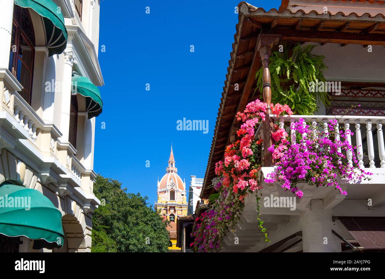 Famous colonial Cartagena Walled City (Cuidad Amurrallada) and its colorful buildings in historic city center, designated a UNESCO World Heritage Site Stock Photo