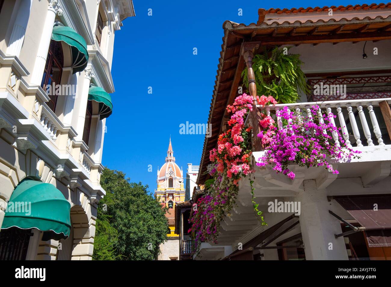 Famous colonial Cartagena Walled City (Cuidad Amurrallada) and its colorful buildings in historic city center, designated a UNESCO World Heritage Site Stock Photo