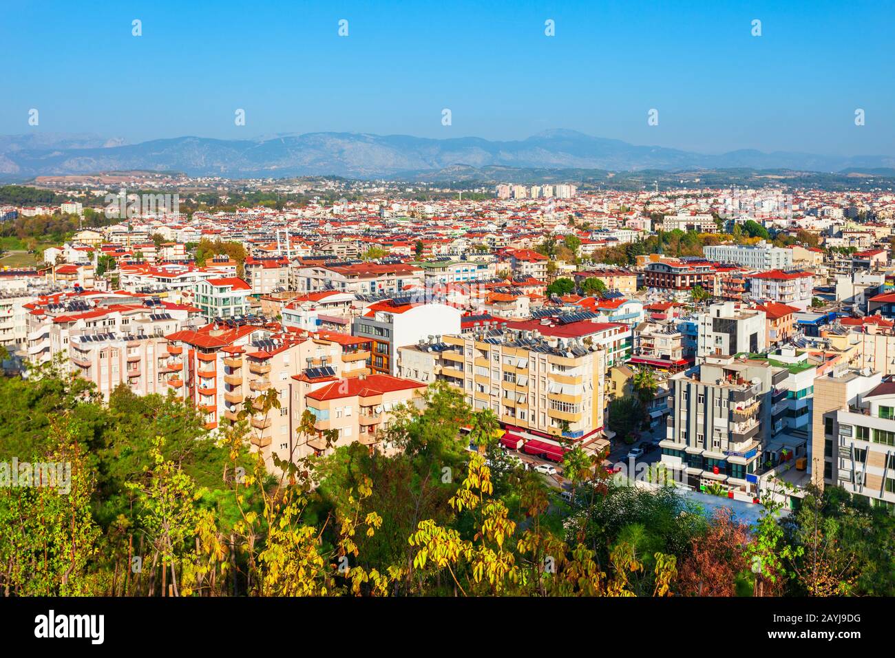 Manavgat city aerial panoramic view in Antalya region in Turkey Stock Photo