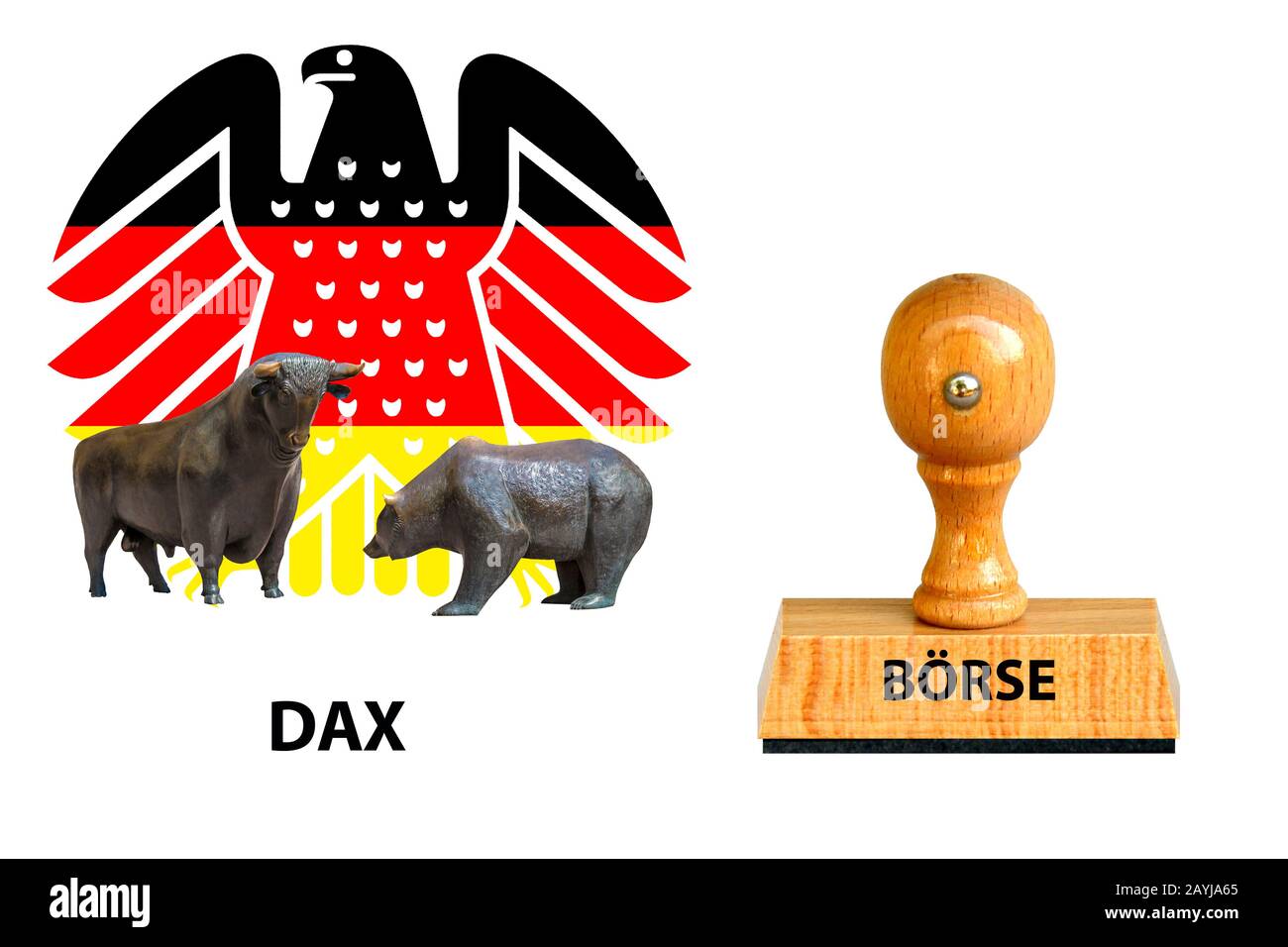 stamp lettering Boerse, Dax and German federal eagle with bull and bear in the background , Germany Stock Photo