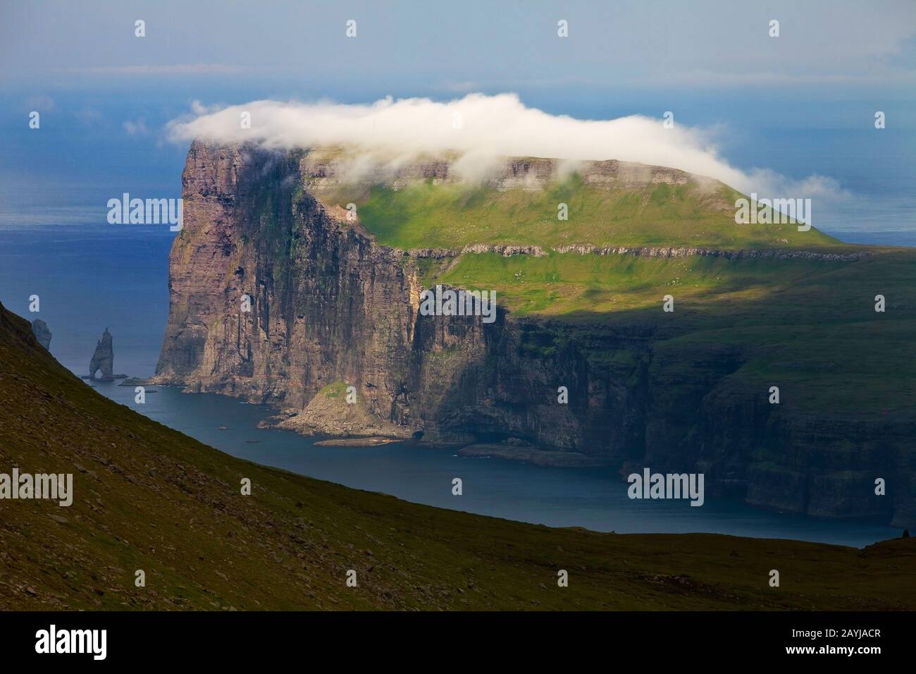 northeastern coast of  Eysturoy in the North Atlantic Ocean with tors Risin og Kellingin, Faroe Islands, Streymoy Stock Photo