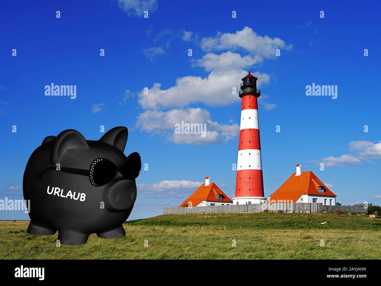 black piggy bank with sunglasses and lettering Urlaub, vacation, lighthouse Westerheversand in background, composing Stock Photo