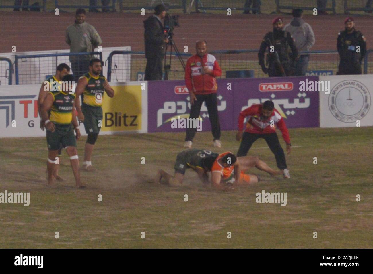 Lahore, Pakistan. 15th Feb, 2020. Kabaddi players seem in action during 2nd Semi final match playing between Pakistan and Iran, as Pakistan Kabaddi team win semi final match by 52-30 during Kabaddi World Cup 2020 at Punjab Stadium Lahore on February 15, 2020. Kabaddi World Cup 2020 begins in Pakistan. All is set for the 'Kabaddi World Cup 2020' being hosted in three cities Lahore, Faisalabad and Gujrat from February 09 to 16 February. Respectively the event is jointly organized by Punjab government, Sports Board Punjab (SBP) and Pakistan Kabaddi Federation (PKF). (Photo by Rana Sajid Hussain/P Stock Photo