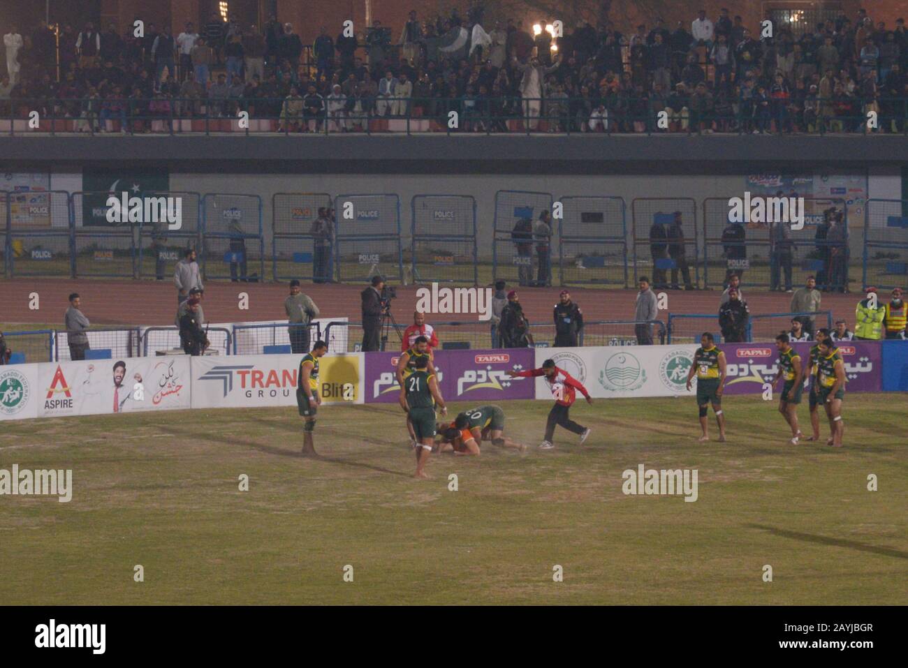 Lahore, Pakistan. 15th Feb, 2020. Kabaddi players seem in action during 2nd Semi final match playing between Pakistan and Iran, as Pakistan Kabaddi team win semi final match by 52-30 during Kabaddi World Cup 2020 at Punjab Stadium Lahore on February 15, 2020. Kabaddi World Cup 2020 begins in Pakistan. All is set for the 'Kabaddi World Cup 2020' being hosted in three cities Lahore, Faisalabad and Gujrat from February 09 to 16 February. Respectively the event is jointly organized by Punjab government, Sports Board Punjab (SBP) and Pakistan Kabaddi Federation (PKF). Credit: Pacific Press Agency/A Stock Photo