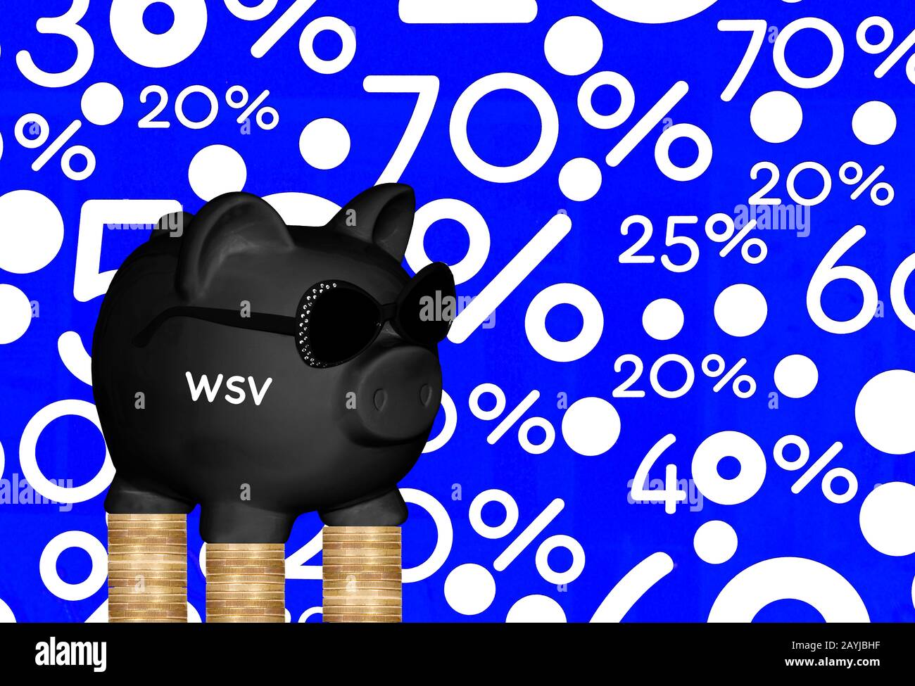 black piggy bank with sunglasses and lettering WSV, special offers and coin stacks in background, composing Stock Photo
