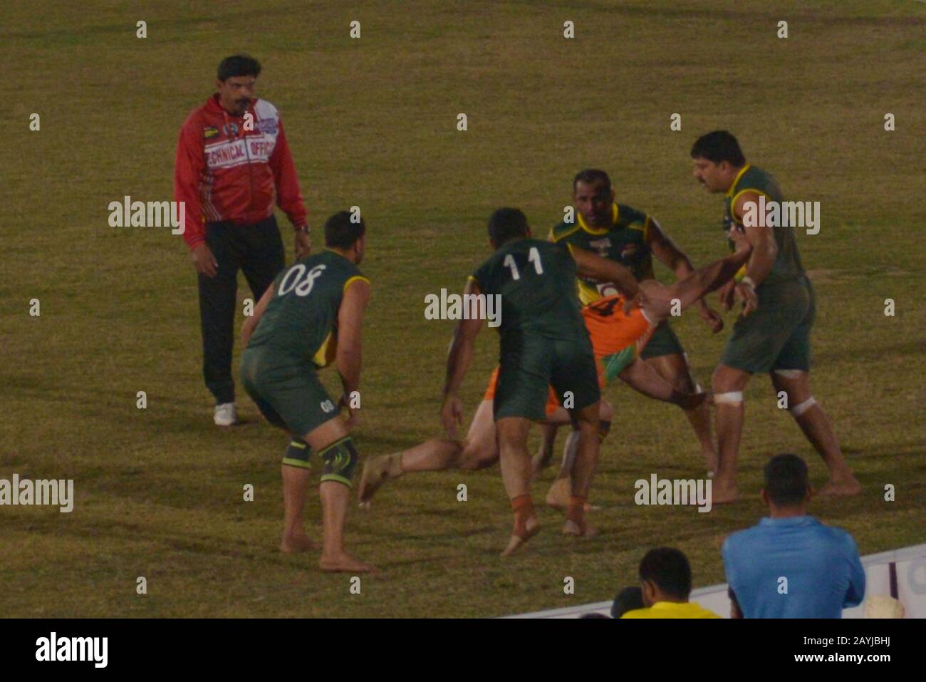 Lahore, Pakistan. 15th Feb, 2020. Kabaddi players seem in action during 2nd Semi final match playing between Pakistan and Iran, as Pakistan Kabaddi team win semi final match by 52-30 during Kabaddi World Cup 2020 at Punjab Stadium Lahore on February 15, 2020. Kabaddi World Cup 2020 begins in Pakistan. All is set for the 'Kabaddi World Cup 2020' being hosted in three cities Lahore, Faisalabad and Gujrat from February 09 to 16 February. Respectively the event is jointly organized by Punjab government, Sports Board Punjab (SBP) and Pakistan Kabaddi Federation (PKF). Credit: Pacific Press Agency/A Stock Photo