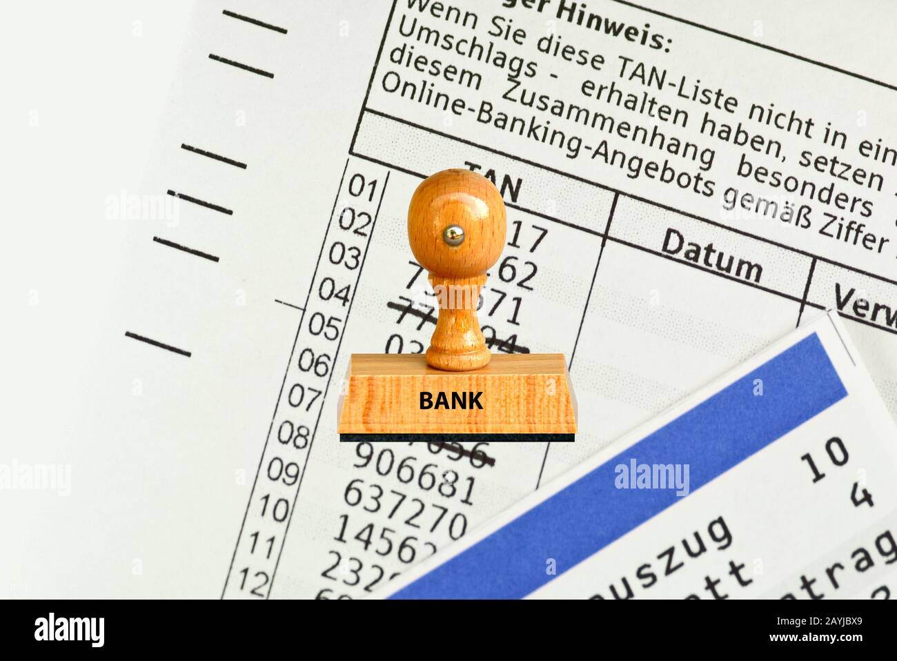 stamp lettering bank, bank, statement of bank account in the background , Germany Stock Photo