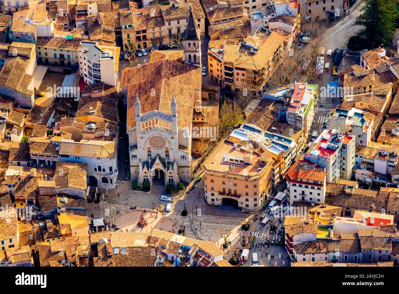 old city of Soller with church Sant Bartomeu de Sóller, 04.01.2020, aerial view, Spain, Balearic Islands, Majorca, Soller Stock Photo