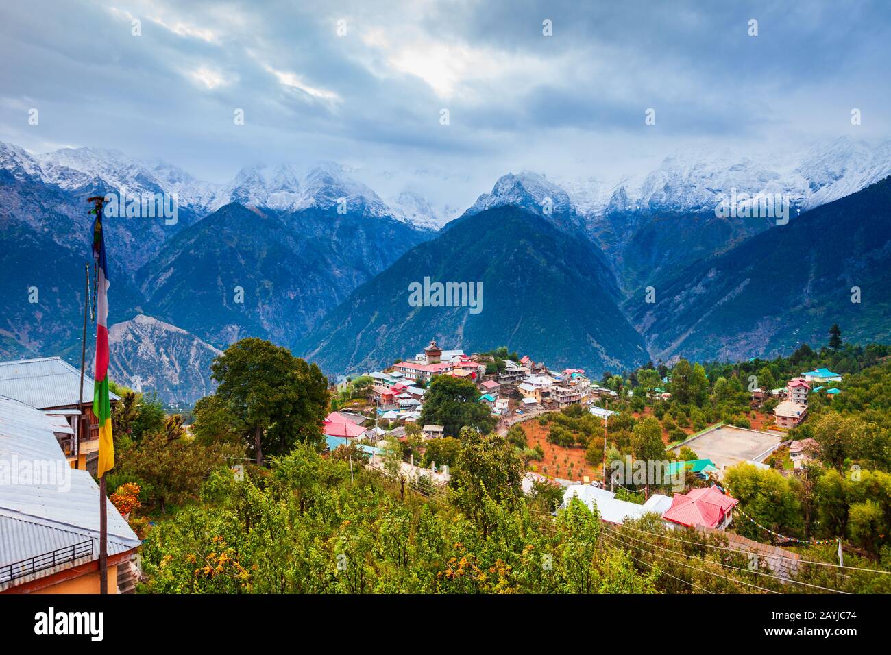 Kalpa and Kinnaur Kailash mountain aerial panoramic view. Kalpa is a