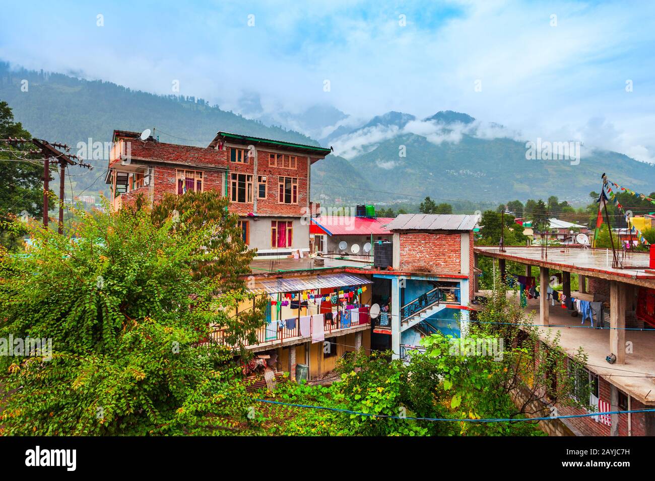 Typical local houses in Manali town, Himachal Pradesh state of India Stock Photo