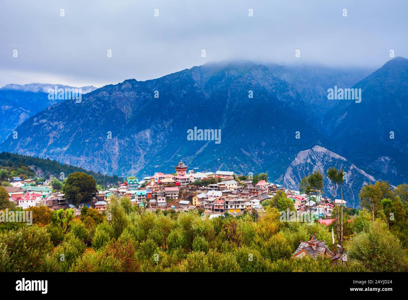Kalpa and Kinnaur Kailash mountain aerial panoramic view. Kalpa is a