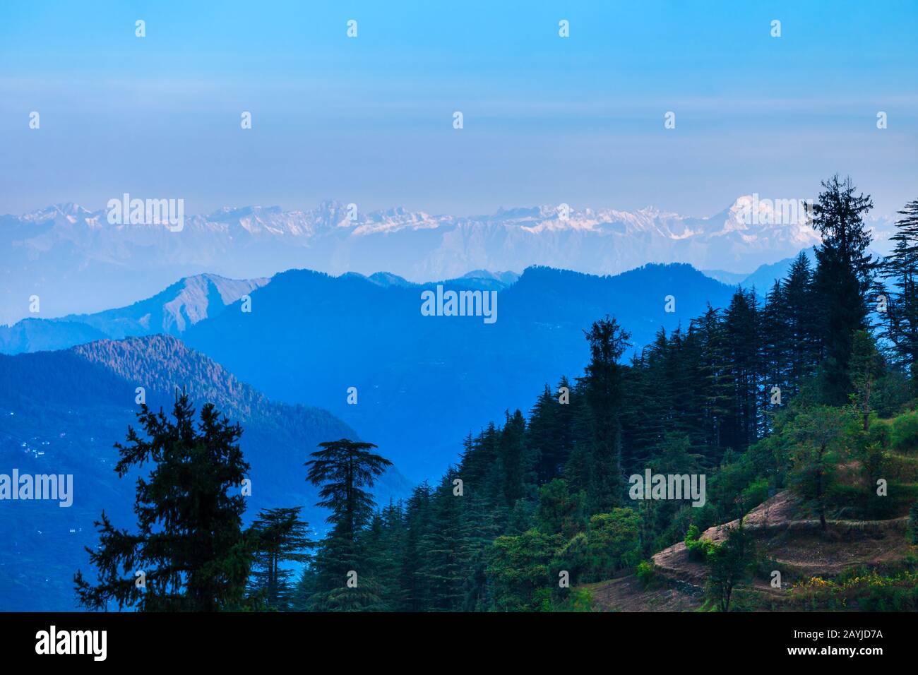 Great Himalayas or Greater Himalayas at sunrise, it is the highest mountain range, Himachal Pradesh state in India. View from Jalori Pass viewpoint. Stock Photo