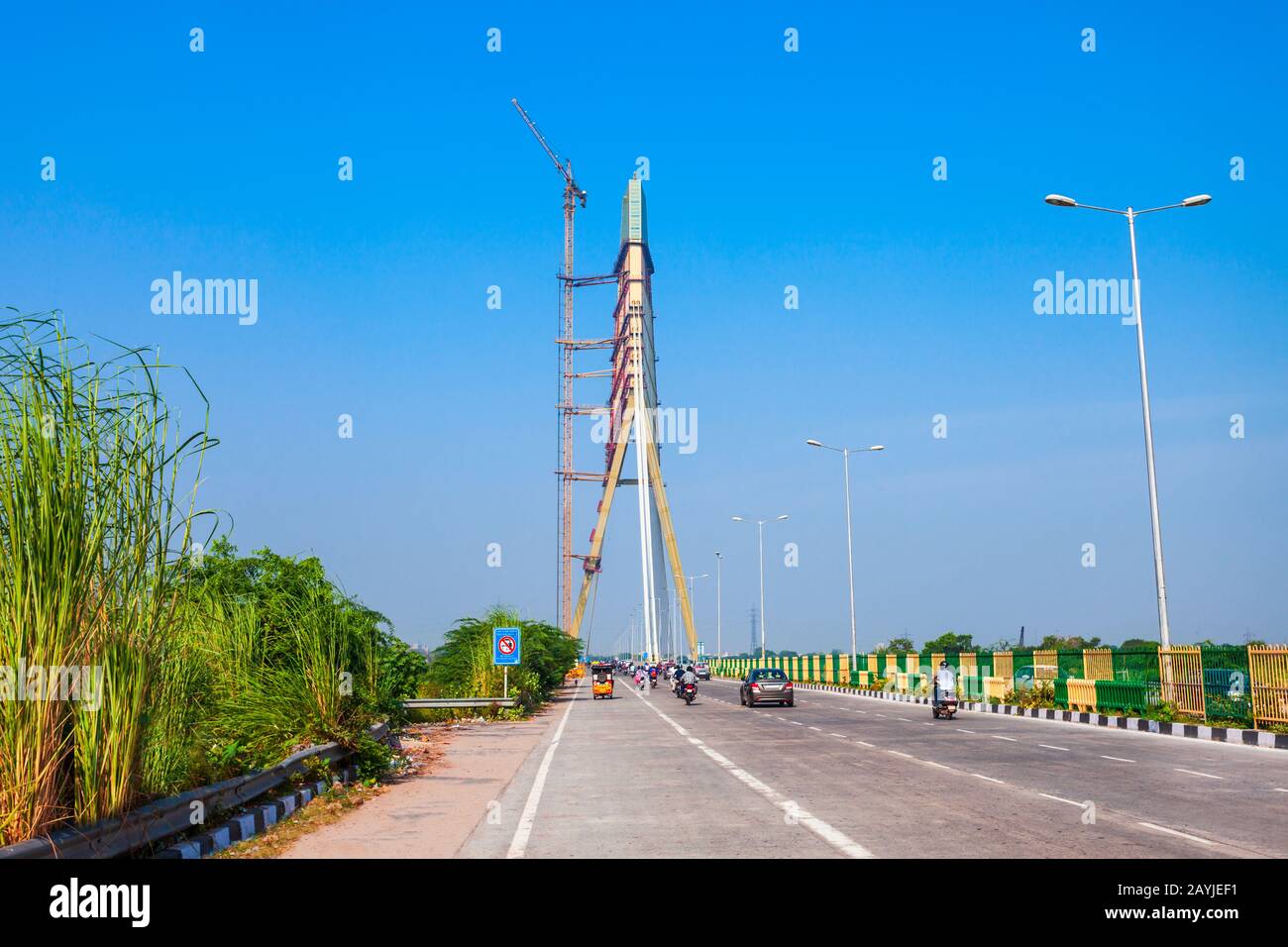 NEW DELHI, INDIA - OCTOBER 06, 2019: Signature Bridge is a cantilever spar cable stayed bridge through the Yamuna river in New Delhi, India Stock Photo