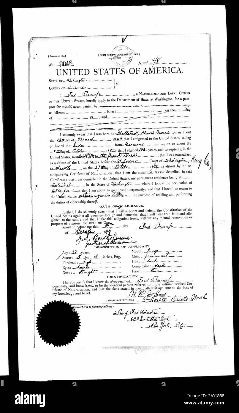 Fred Trump Passport Application. Stock Photo