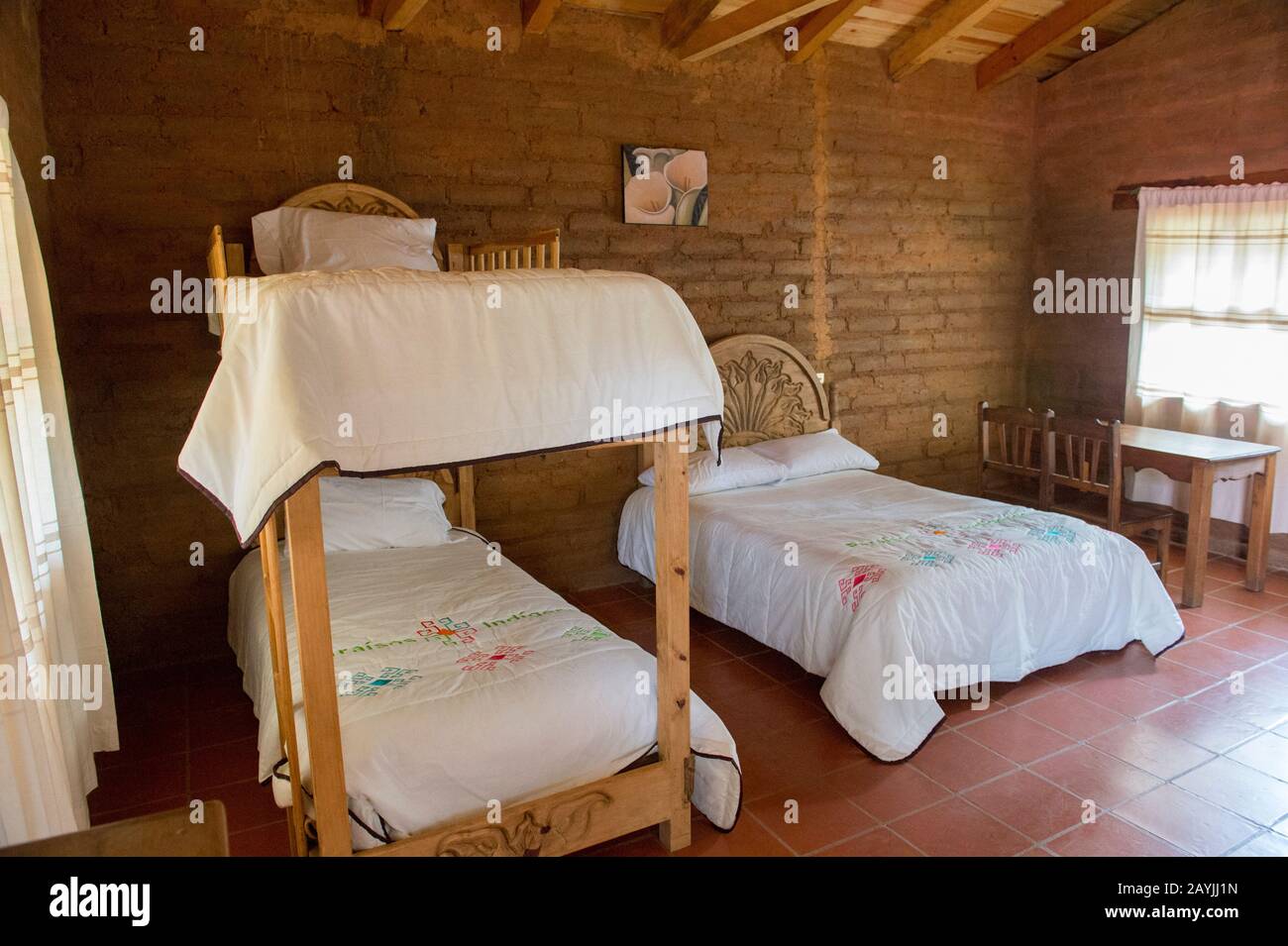 The interior of a cabin at the ecotourism lodge San Pablo Cuatro Venados near Oaxaca, Mexico. Stock Photo