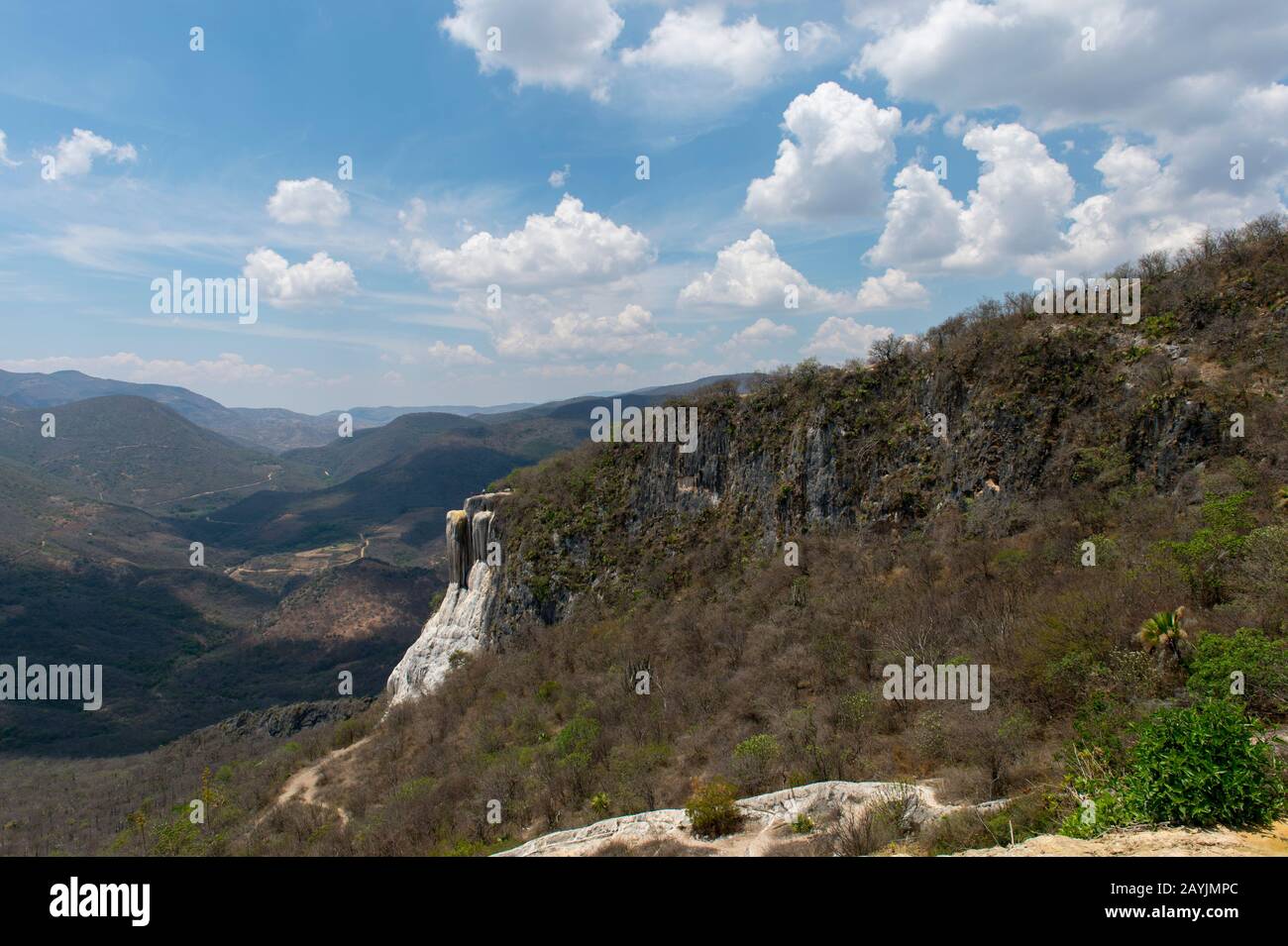 People at the large waterfall at Hierve el Agua, which is a deposit of calcium carbonate and other minerals, near Oaxaca, southern Mexico. Stock Photo