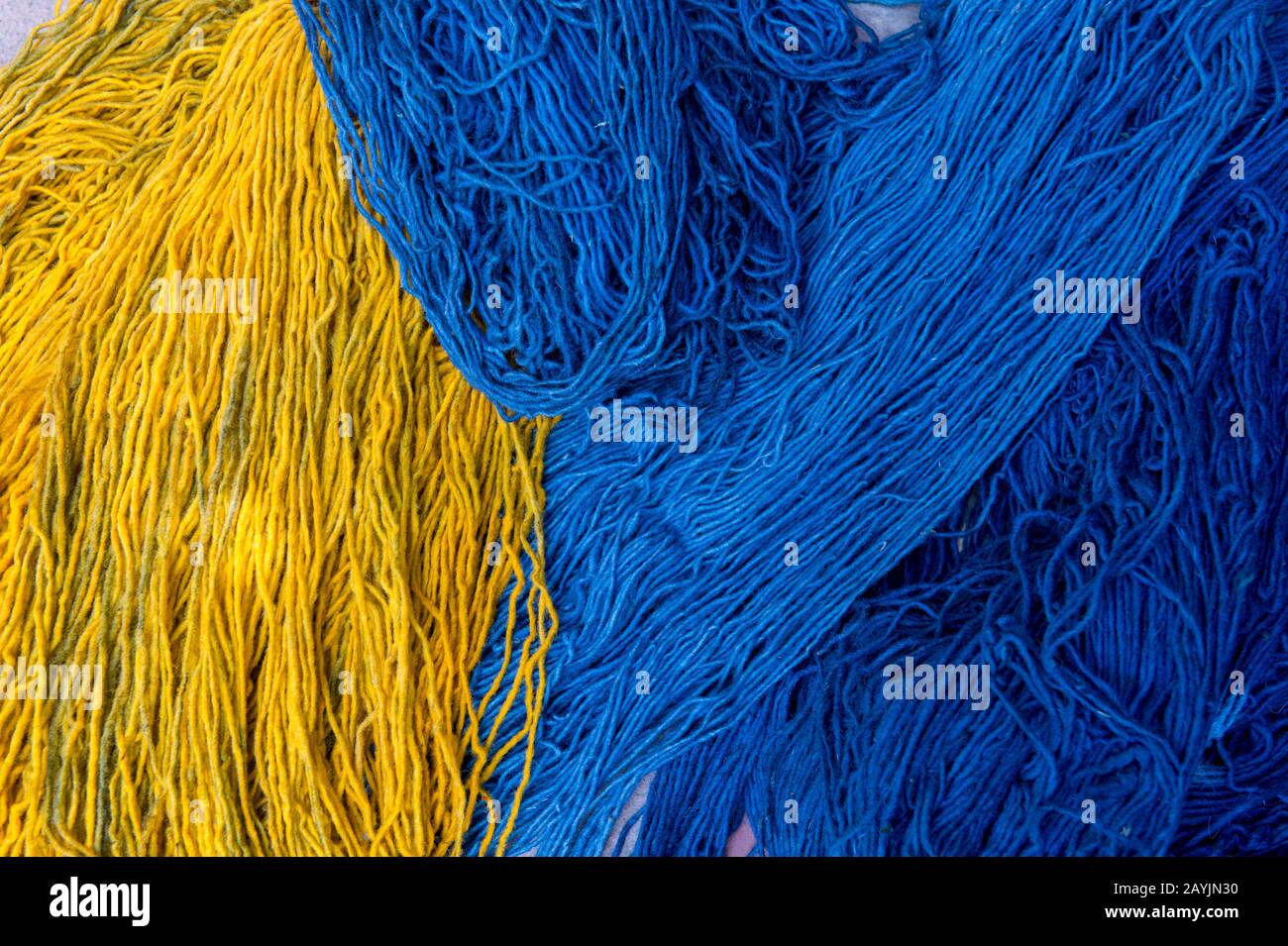 Dyed wool at a weavers home in Teotitlan del Valle, a small town in the Valles Centrales Region near Oaxaca, southern Mexico. Stock Photo