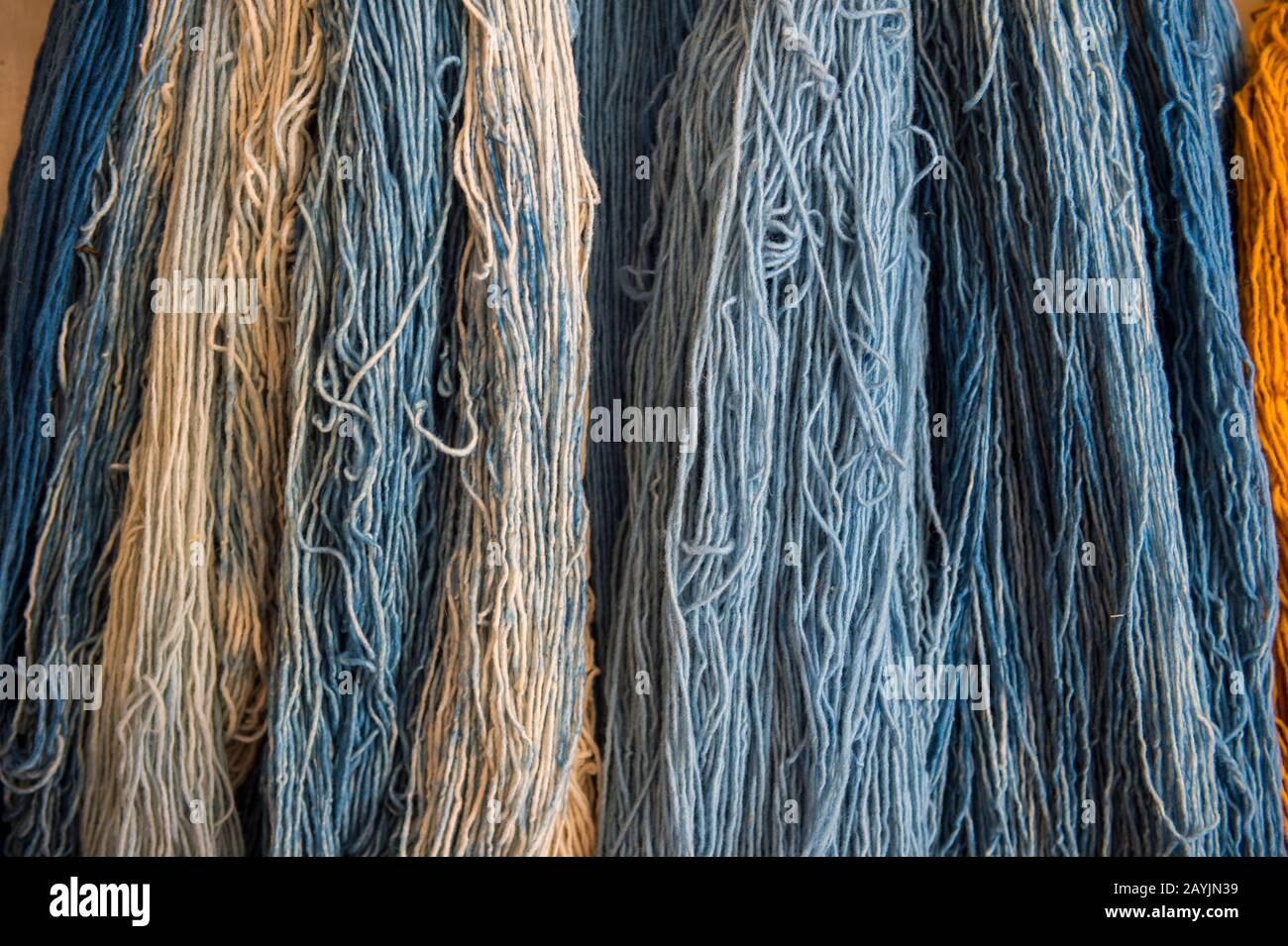 Wool dyed with natural dyes at a weavers home in Teotitlan del Valle, a small town in the Valles Centrales Region near Oaxaca, southern Mexico. Stock Photo