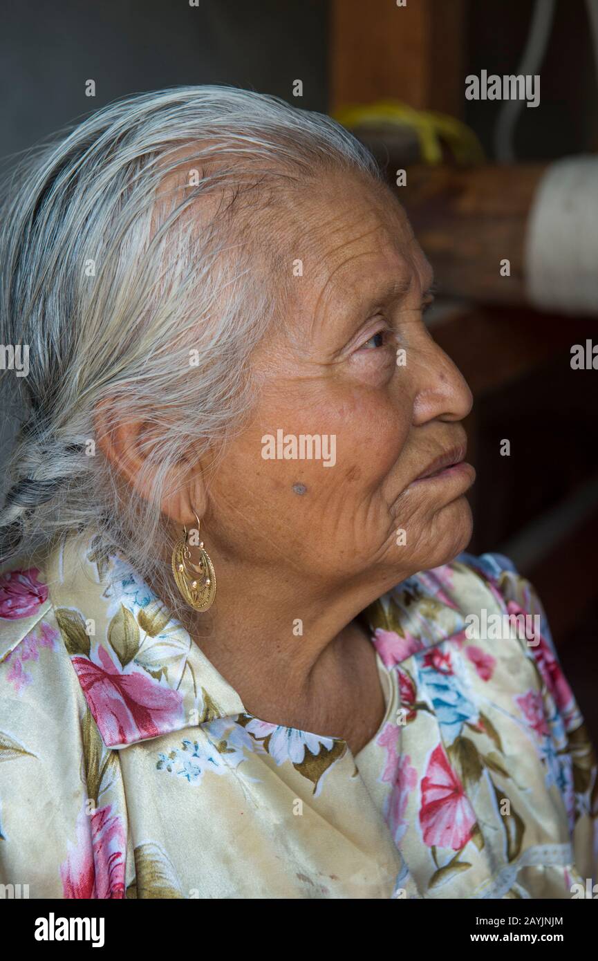 Portrait of an old Zapotek woman in Teotitlan del Valle, a small town in the Valles Centrales Region near Oaxaca, southern Mexico. Stock Photo