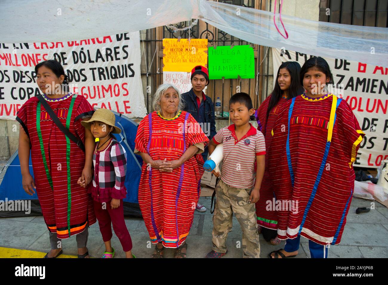A street scene in Oaxaca City, Mexico, with Mixtec people demonstration their forceful re-location of their village because of mining in Oaxaca Provin Stock Photo