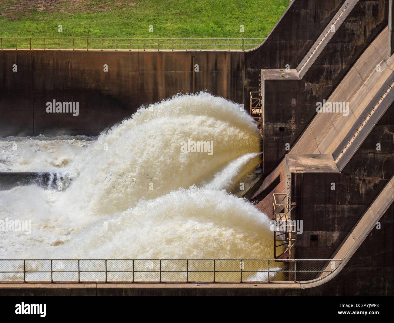 Water jets out from the Nimrod Dam on the Fourche LaFave River, Ouachita Mountains, Highway 7, Arkansas. Stock Photo