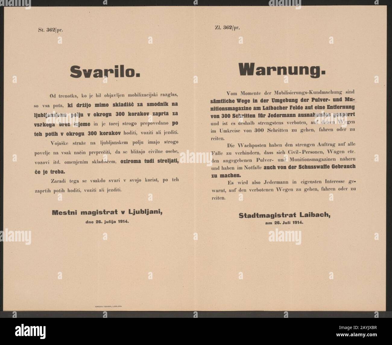 Freihaltung der Wege - Warnung - Laibach - Mehrsprachiges Plakat 1914. Stock Photo