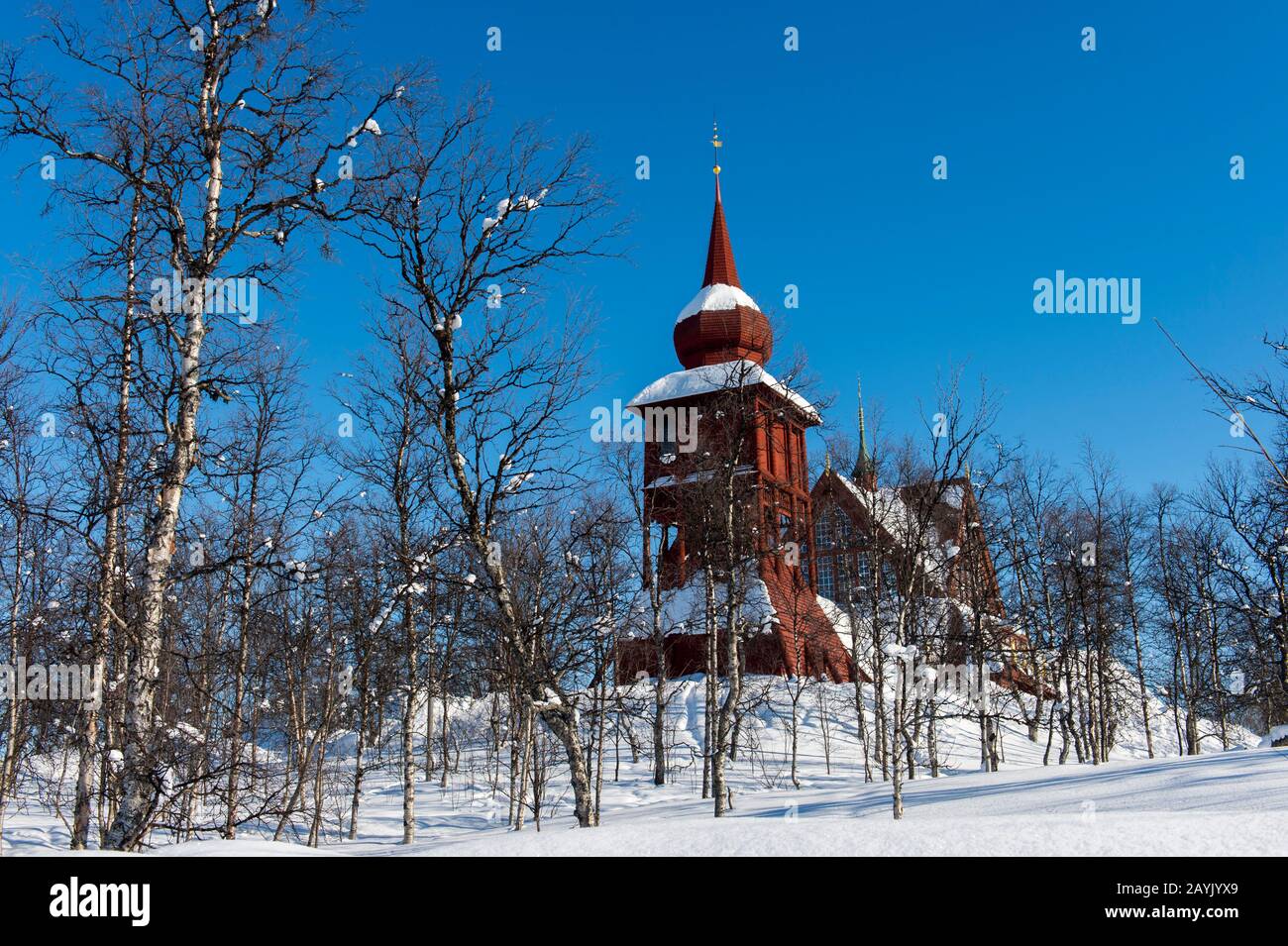 View of the Kiruna Church, one of largest wooden buildings in Sweden, built between 1909 to1912 in a Gothic Revival style in Swedish Lapland; northern Stock Photo