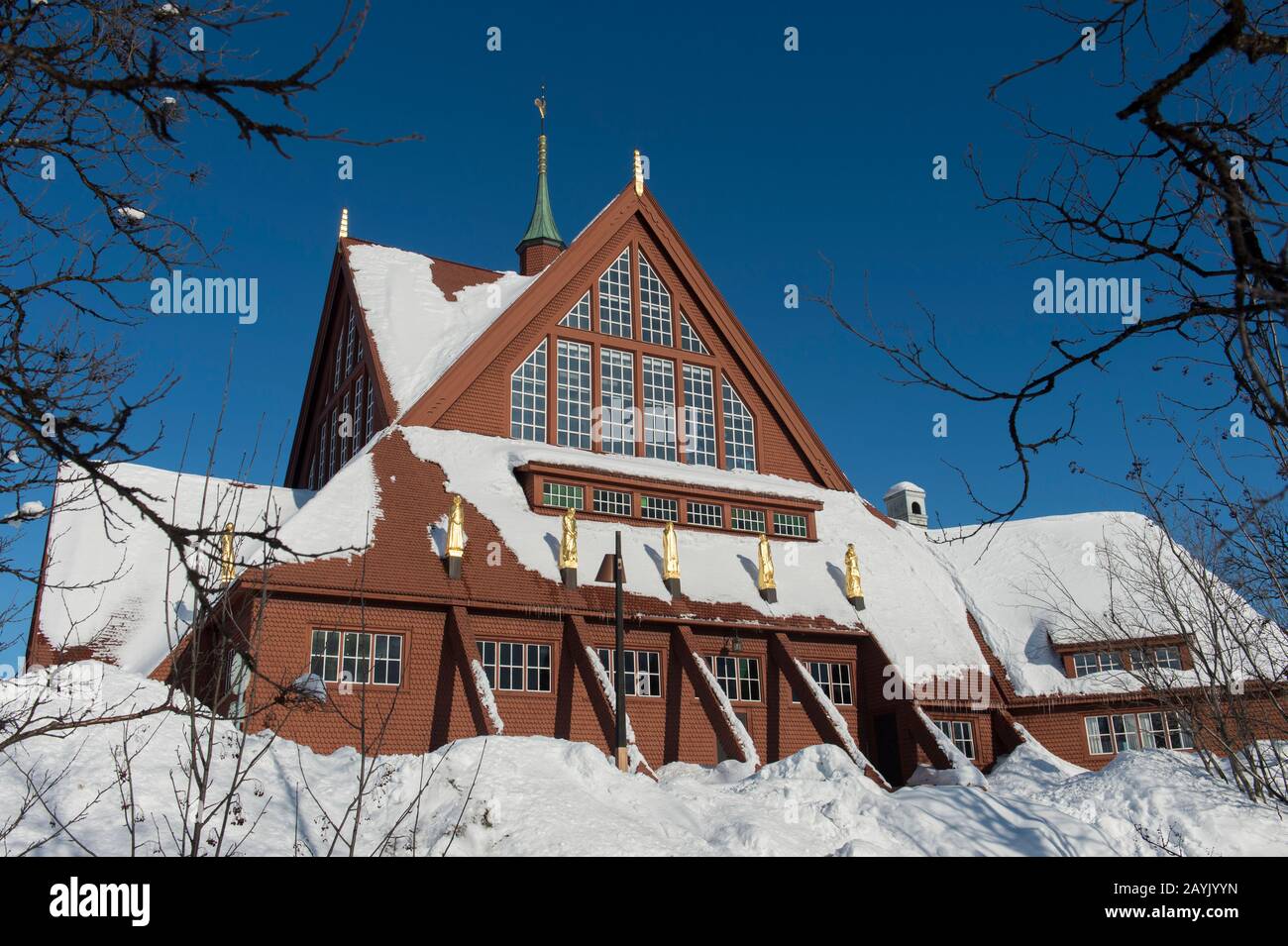 The Kiruna Church, one of largest wooden buildings in Sweden, built between 1909 to1912 in a Gothic Revival style in Swedish Lapland; northern Sweden. Stock Photo