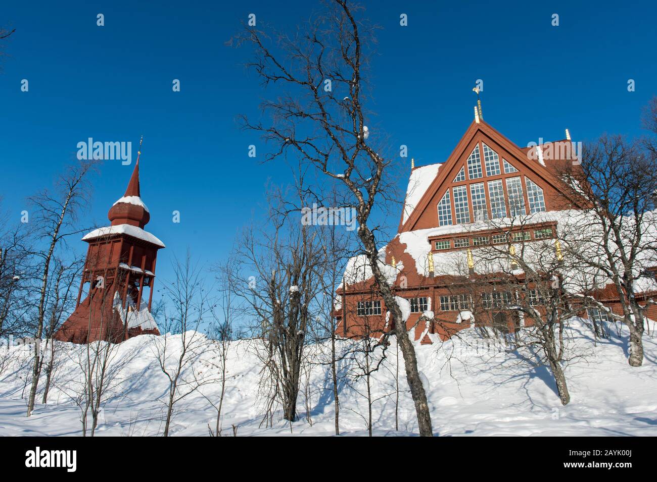 View of the Kiruna Church, one of largest wooden buildings in Sweden, built between 1909 to1912 in a Gothic Revival style in Swedish Lapland; northern Stock Photo