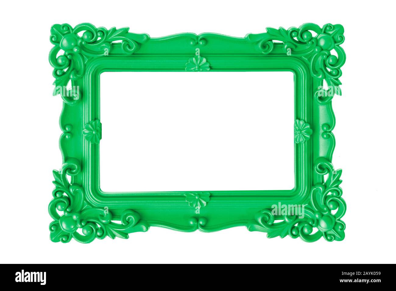 Modern plastic bright green picture frame with antique styling isolated