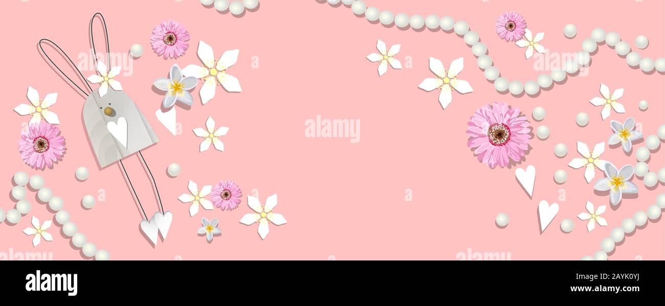Spring spring background. Decorative elements on a pink background. Easter banner. Place for text. Vector illustration. Stock Vector