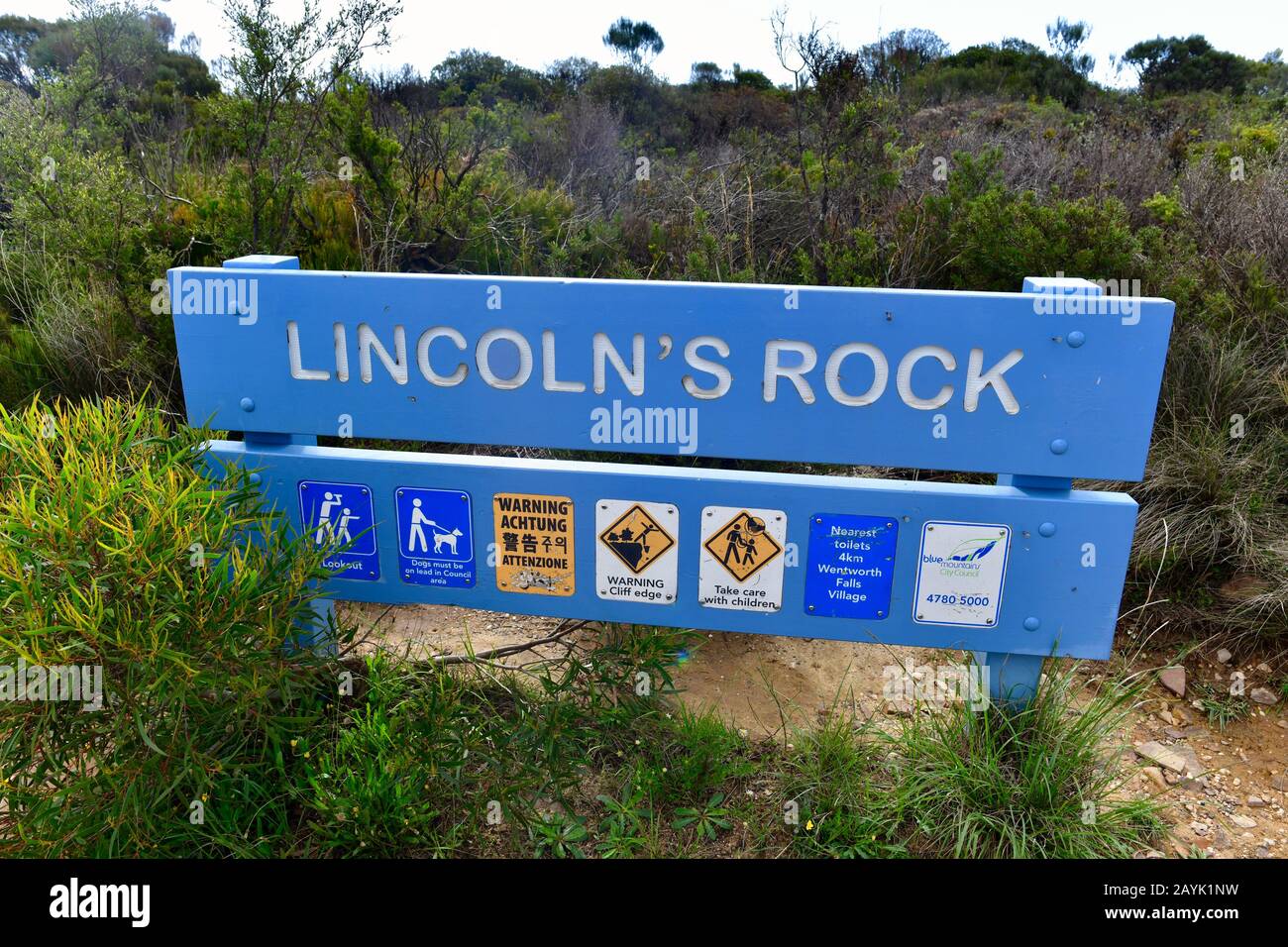 An information sign at Lincoln's Rock in the Blue Mountains west of Sydney Stock Photo